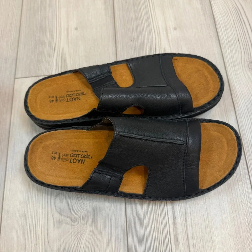 NEW Naot Jeff Men Black Caviar Leather Slide Sandals 69906 Shoes EU 46 US 13